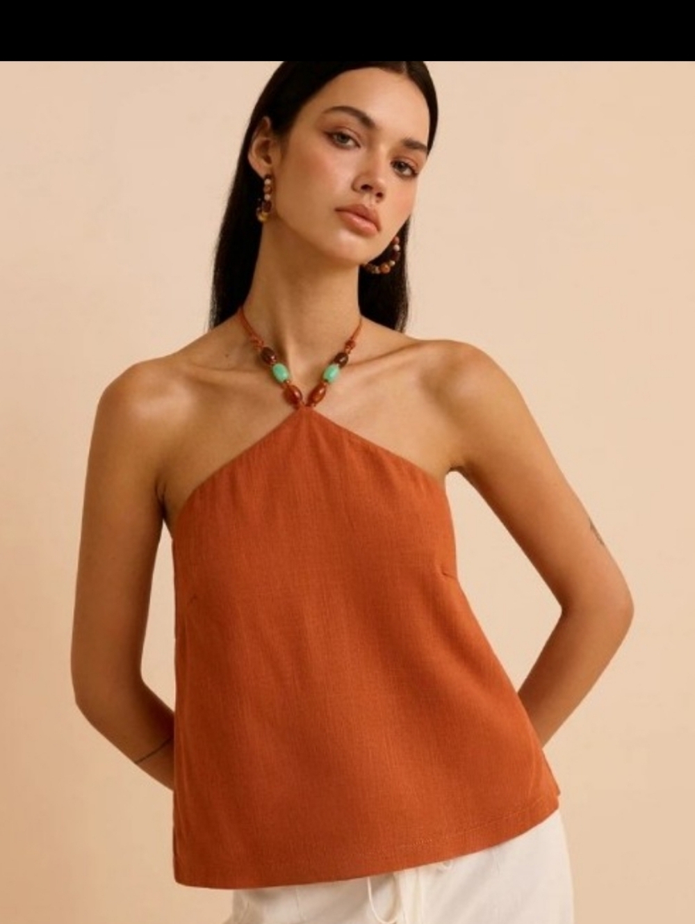 Nwt COMMENSE LINEN BLEND Women's Rust Halter Neck Tank Top Boho Beads Coastal